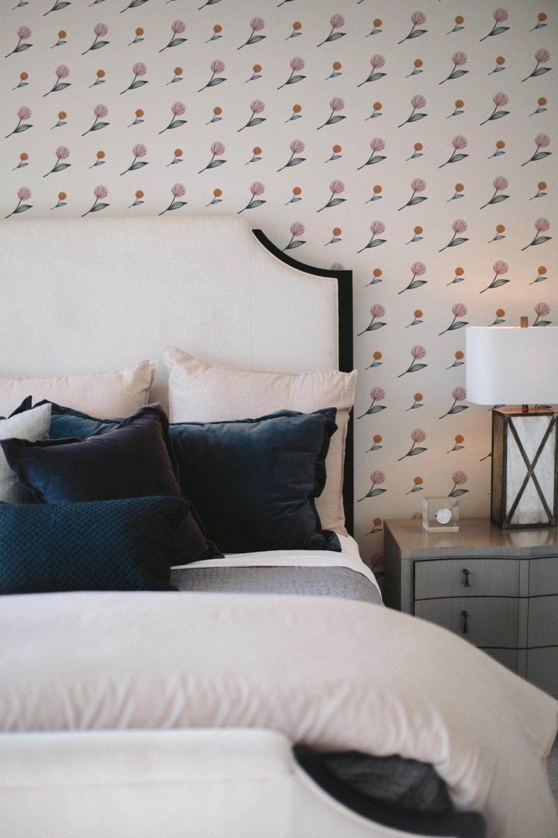 Shabby chic style bedroom decorated with Simple floral peel and stick wallpaper