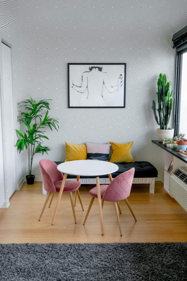 Eclectic style living room decorated with Simple geometric peel and stick wallpaper