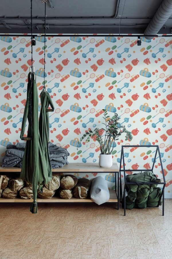 Fancy Walls self-adhesive wallpaper with gym equipment pattern