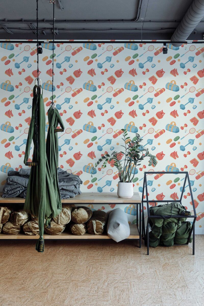 Fancy Walls self-adhesive wallpaper with gym equipment pattern