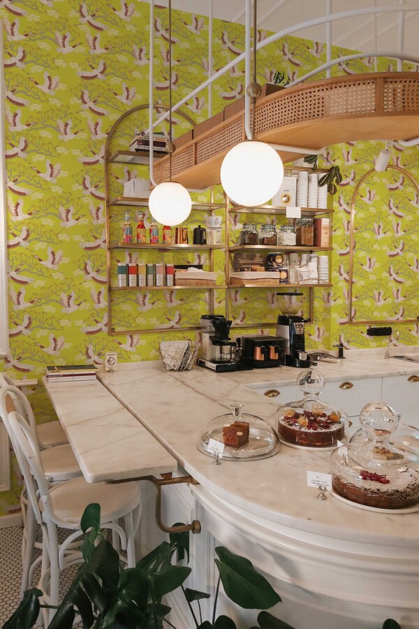 Bright chartreuse removable wallpaper with birds and branches by Fancy Walls