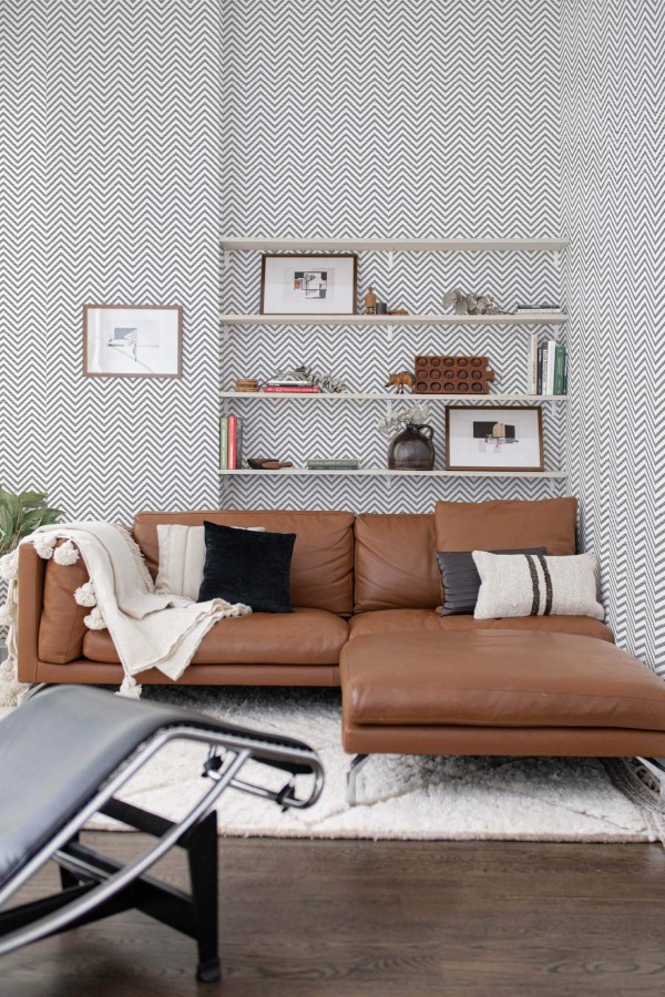 Mid-century modern style dining room decorated with Striped chevron peel and stick wallpaper