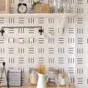 Light farmhouse style kitchen decorated with Striped square peel and stick wallpaper