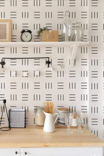 Light farmhouse style kitchen decorated with Striped square peel and stick wallpaper