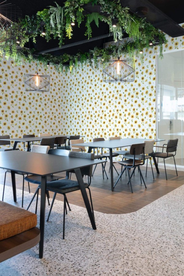 Modern style cafe decorated with Sunflower peel and stick wallpaper