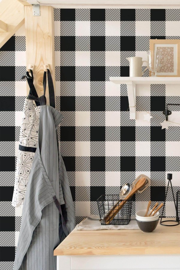 Minimal scandinavian style kitchen decorated with Tartan peel and stick wallpaper