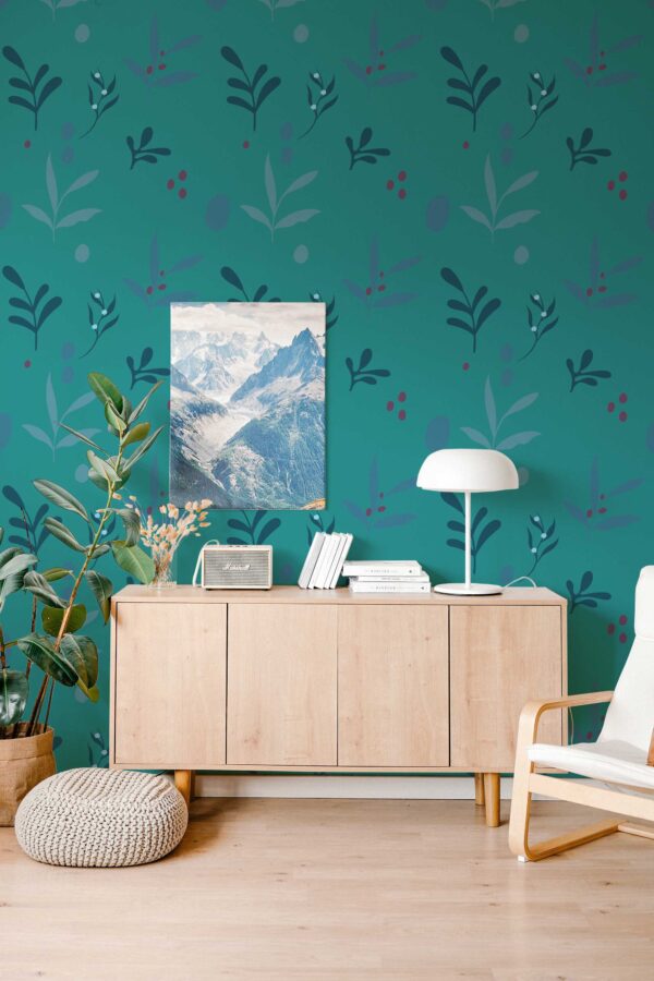 Fancy Walls self-adhesive wallpaper with teal berries and leaves