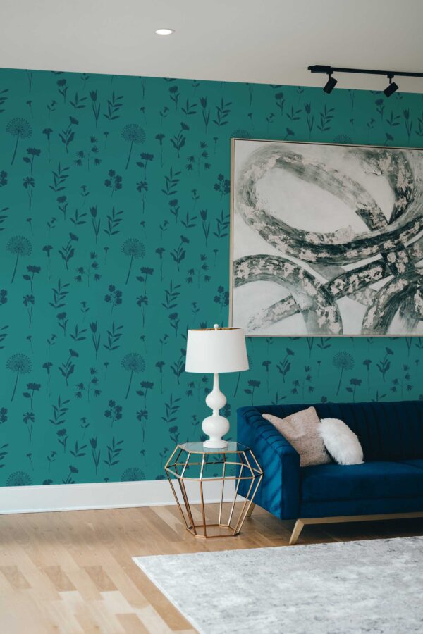 Fancy Walls self-adhesive wallpaper with black floral silhouettes on teal