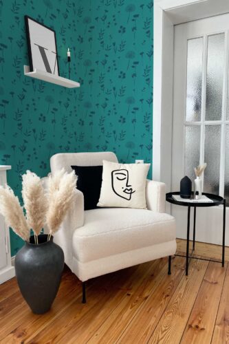 Fancy Walls traditional wallpaper with contemporary teal meadow style
