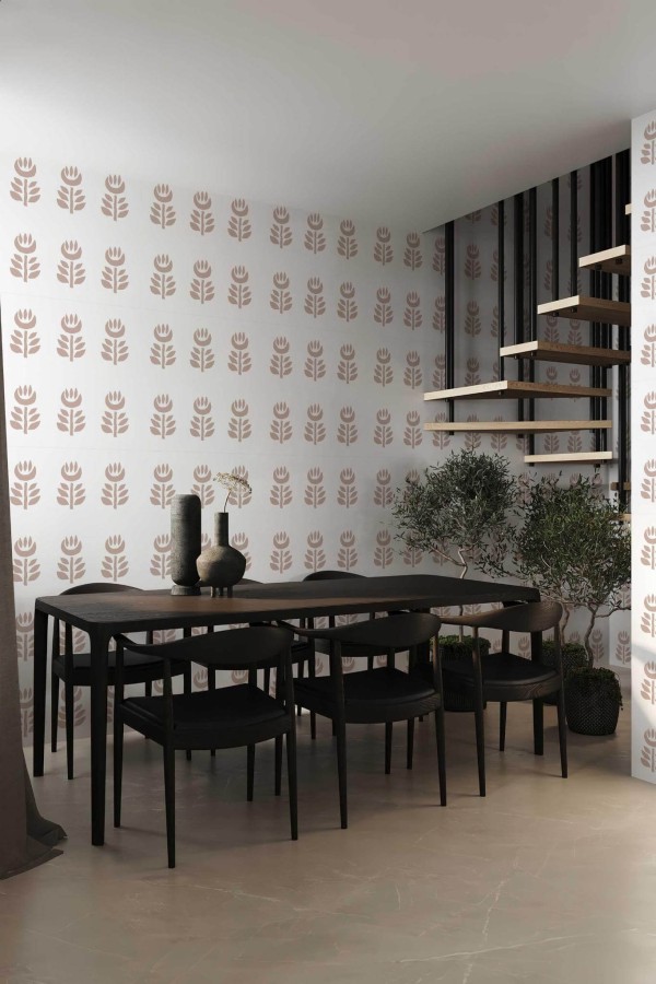 Modern industrial style dining room decorated with Terracotta floral peel and stick wallpaper