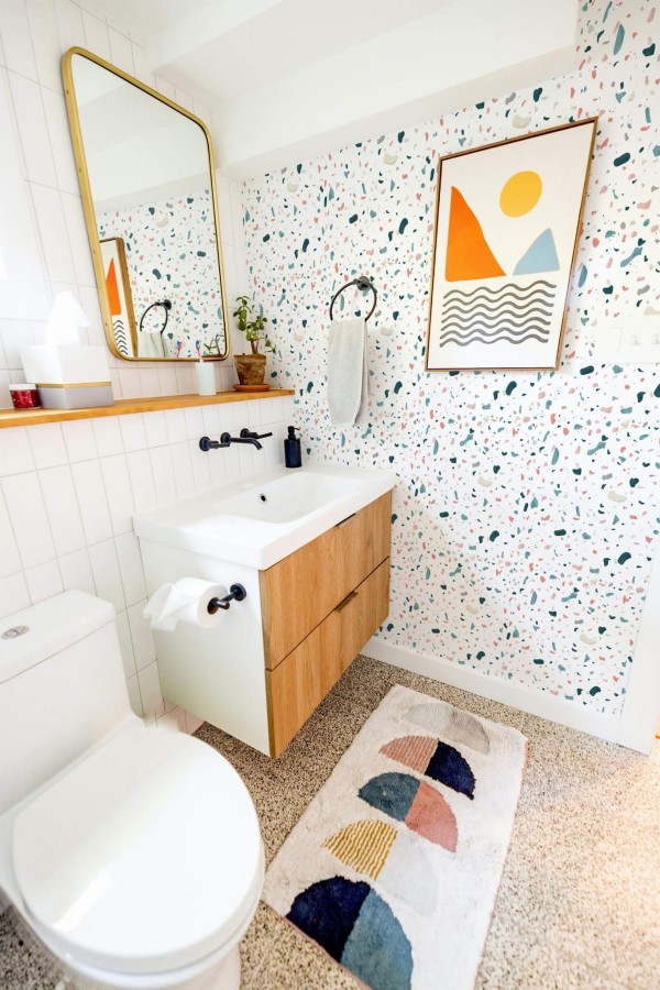 Modern boho style coffee bar decorated with Terrazzo peel and stick wallpaper