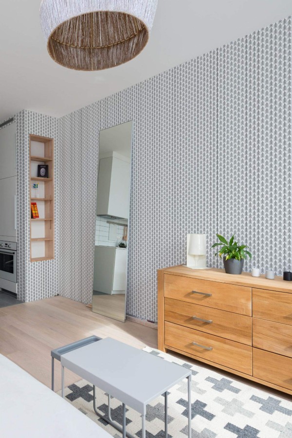 Scandinavian style small apartment decorated with Trees peel and stick wallpaper