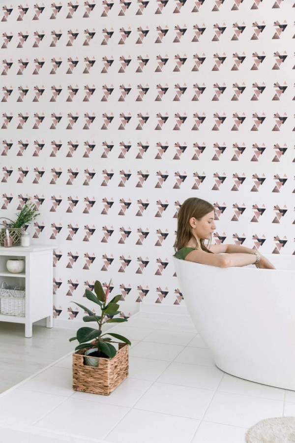 Minimal style bathroom decorated with Triangle peel and stick wallpaper