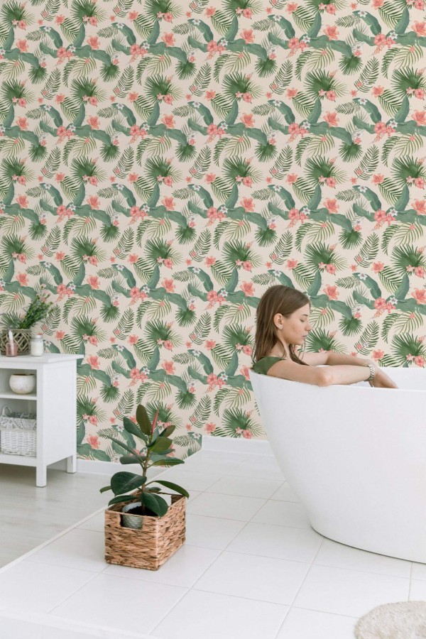 Minimal style bathroom decorated with Tropical peel and stick wallpaper