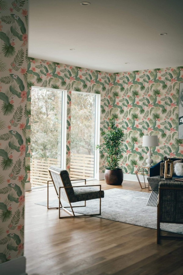 Modern style living room decorated with Tropical peel and stick wallpaper