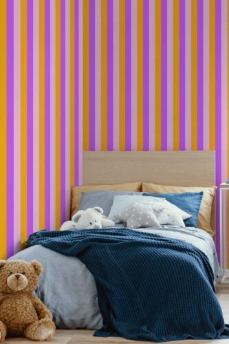 Fancy Walls self-adhesive wallpaper in dynamic retro stripe motif. Bright Stripes peel and stick or non-pasted playful wallpaper for walls