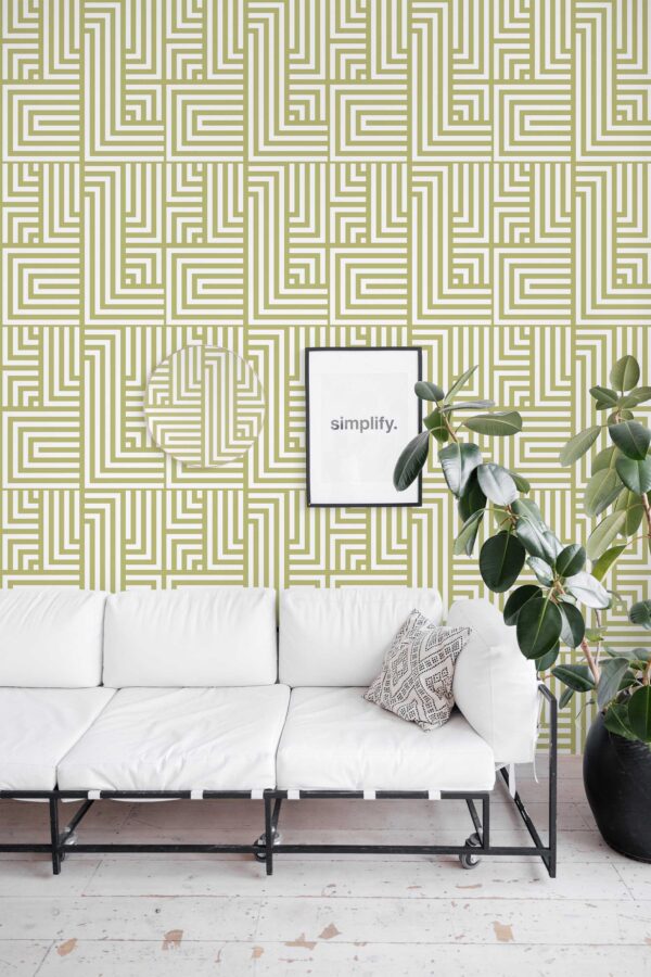 Fancy Walls self-adhesive wallpaper featuring olive geometric maze design