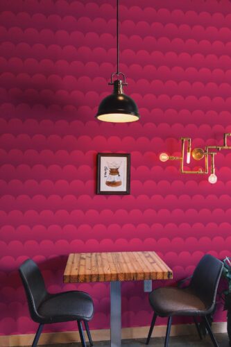 Viva Magenta peel and stick wallpaper with geometric pink scales by Fancy Walls