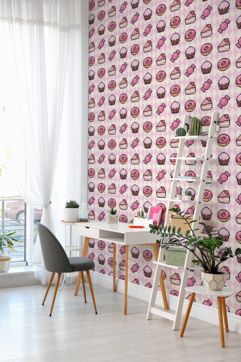 Traditional wallpaper with pixel dessert print by Fancy Walls