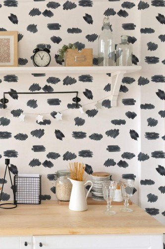 Light farmhouse style kitchen decorated with Watercolor marks peel and stick wallpaper
