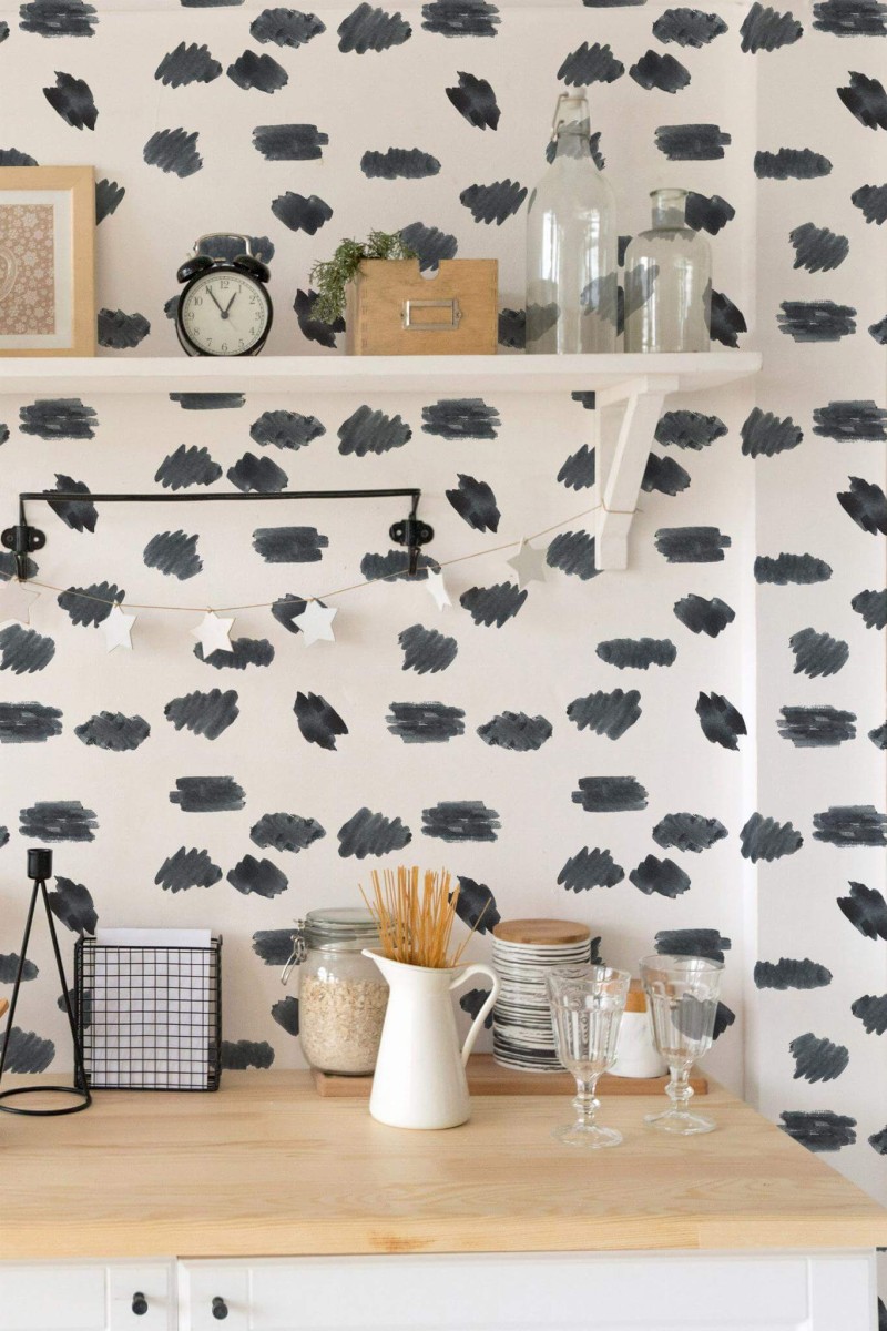 Light farmhouse style kitchen decorated with Watercolor marks peel and stick wallpaper