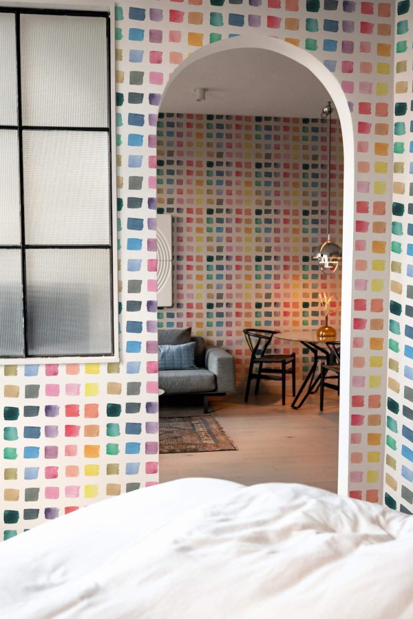 Modern scandinavian style living room decorated with Watercolor squares peel and stick wallpaper