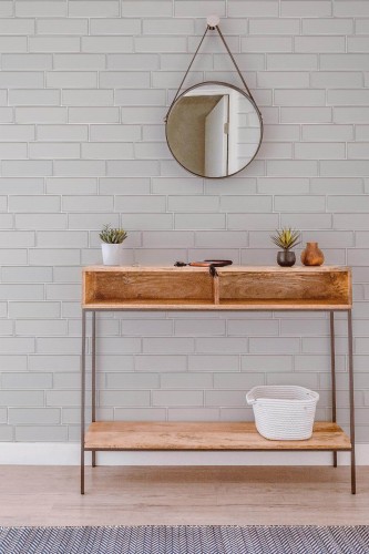 Contemporary style entryway decorated with White Brick peel and stick wallpaper