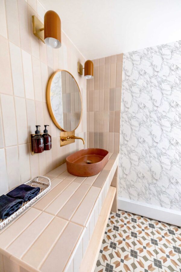 White marble peel and stick wallpaper by Fancy Walls