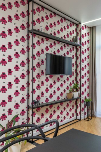 Game Mode Squidgame-style peel and stick or non-pasted wallpaper. Fancy Walls novelty netflix series pixelated game room self-adhesive or traditional wallpaper