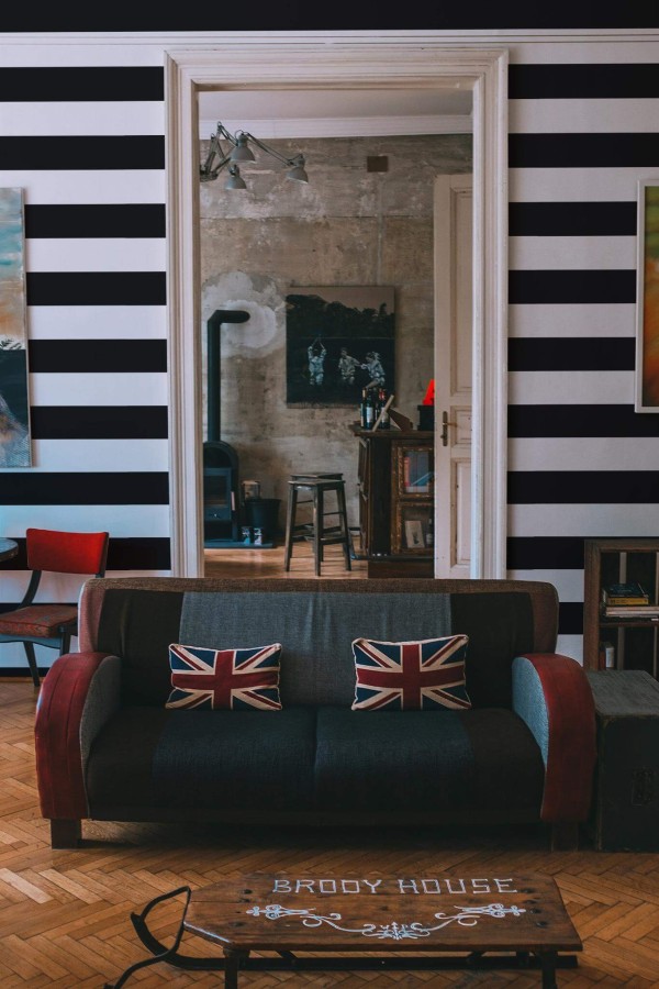 Industrial rustic style living dining room decorated with Wide line peel and stick wallpaper