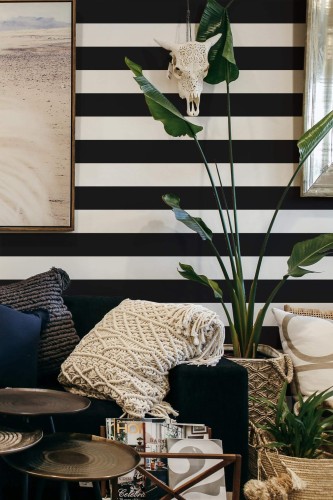 Scandinavian style living room decorated with Wide line peel and stick wallpaper