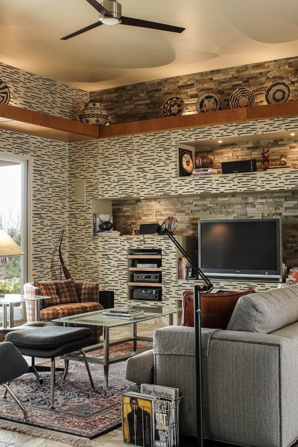 Scandinavian style living room decorated with Wind peel and stick wallpaper and Mediterranean accents