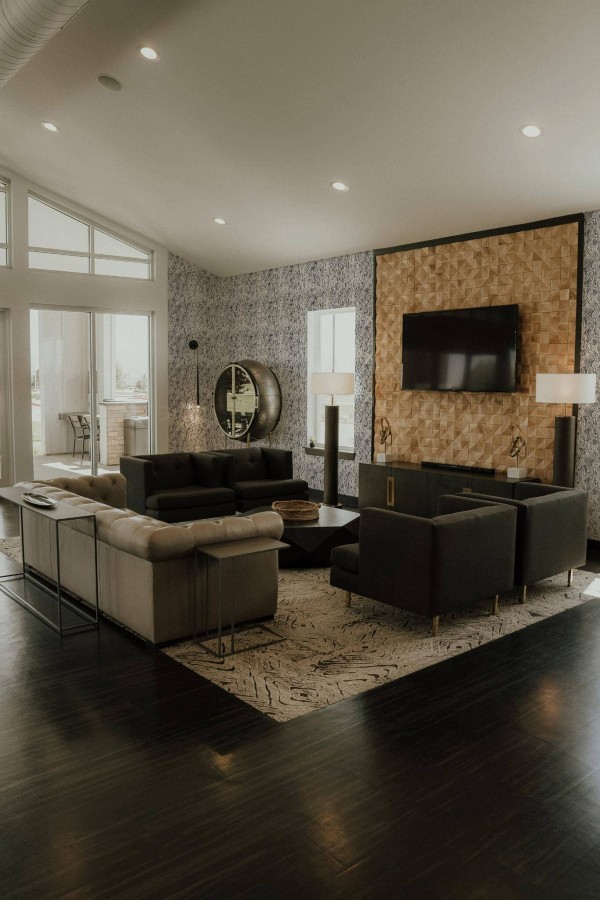 Hollywood glam style living room decorated with Wood pattern peel and stick wallpaper