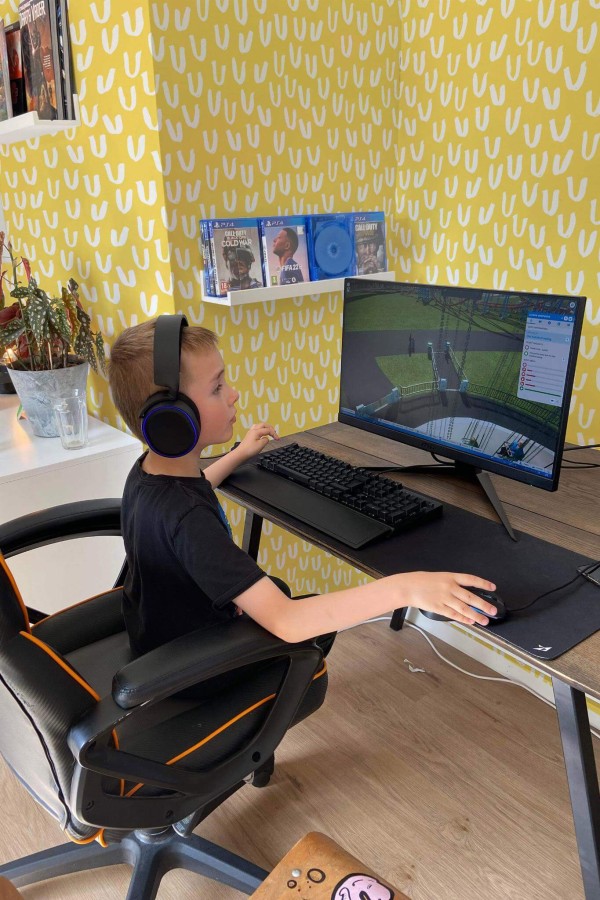 Scandinavian style gaming room decorated with Yellow abstract doodle peel and stick wallpaper