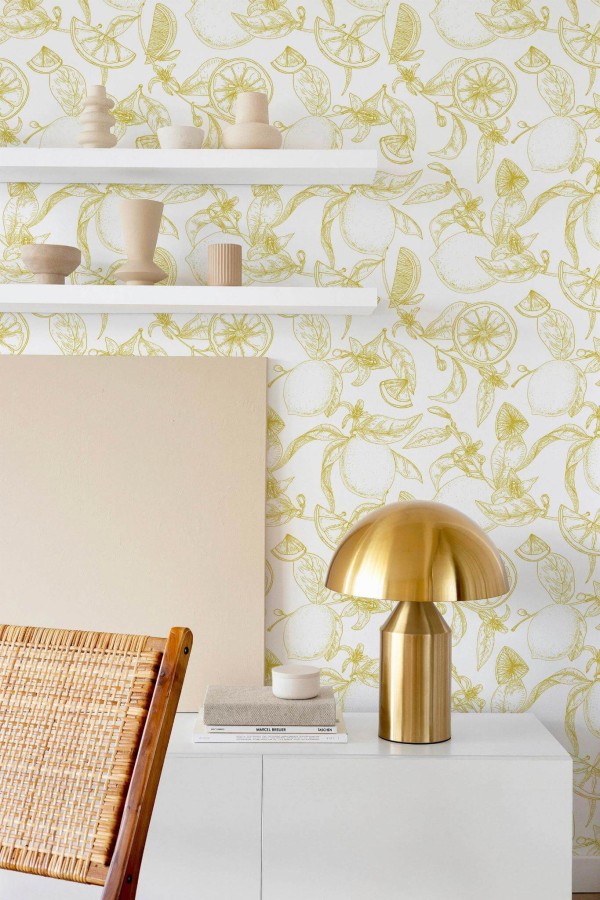 This wallpaper features a vibrant lemon pattern in a soft yellow hue, with intricate illustrations of lemon slices, leaves, and branches that add a refreshing touch to your space. The minimalistic design creates a warm, lively atmosphere, perfect for modern interiors. It’s ideal for accent walls, kitchens, or dining rooms, creating a bright and cheerful ambiance. This design offers color-changing options, allowing you to choose the heart of the lemons to better fit your interior theme. The wallpaper is available as both peel-and-stick or non-pasted versions, with GreenGuard certified inks for vibrant, eco-friendly prints.