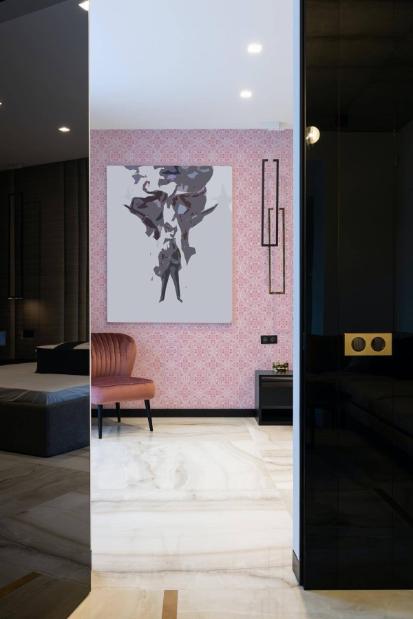 Art deco style bedroom decorated with Zengastyle peel and stick wallpaper