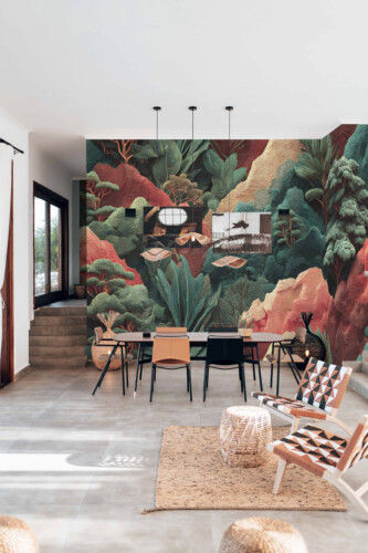 Fancy Walls Textured Fantasy Landscape peel and stick wall mural with bold green trees and red abstract mountains.