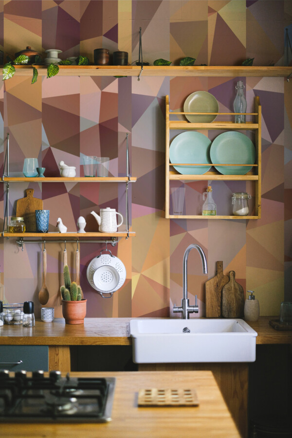 Striped Polygonal Abstraction wall mural with geometric brown and beige mosaic shapes, ideal for bold game room accent walls.