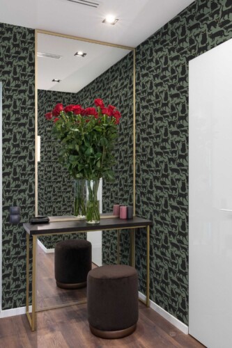 Fancy Walls traditional wallpaper with green-eyed cat motif. Black Cats peel and stick or non-pasted wallpaper for powder room and other creative spaces