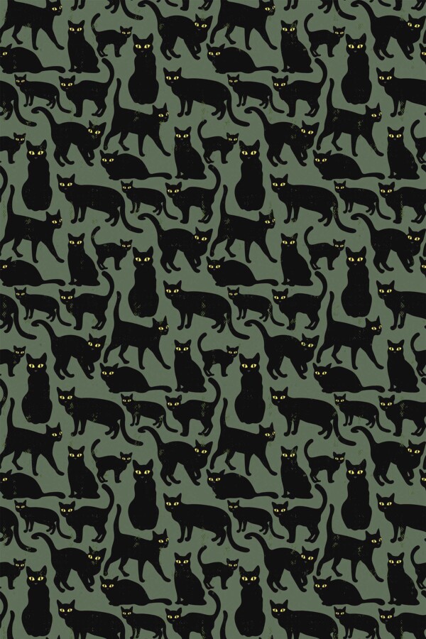 Self-adhesive wallpaper featuring green olive pattern with black cats by Fancy Walls