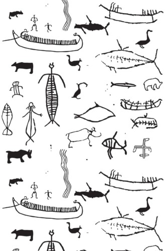 Fancy Walls self-adhesive wallpaper featuring handdrawn ancient carvings in black and white