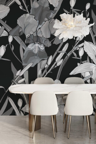 Monochrome Florals Wall Mural with bold lilies and irises in black and white, ideal for elegant living room interiors.