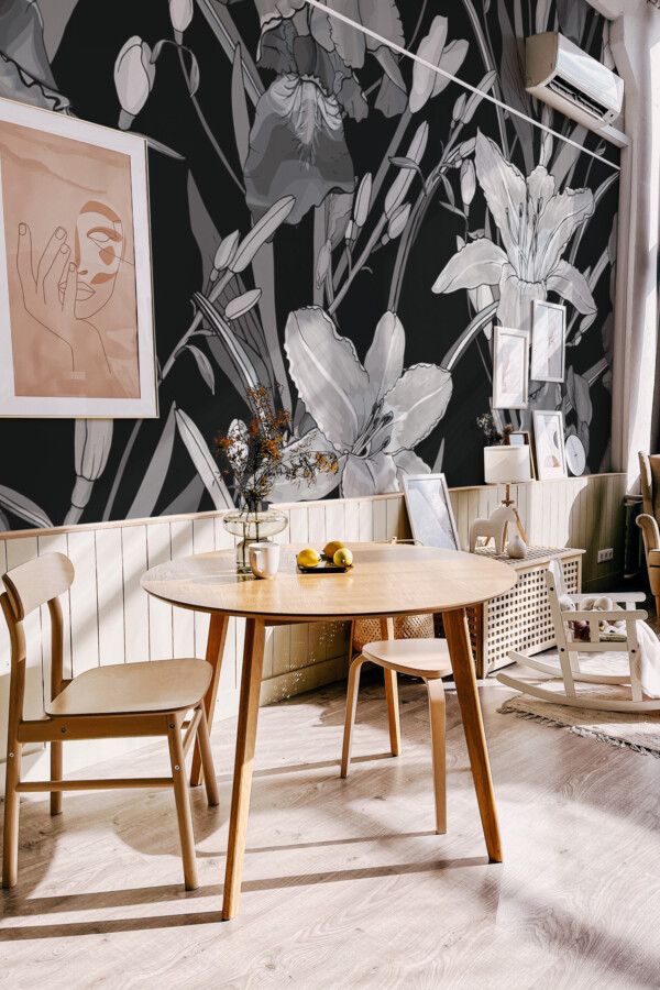 Black and White Floral Wall Mural with striking monochrome lilies and irises, perfect for dining rooms or modern spaces.