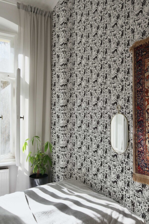 Fancy Walls self-adhesive wallpaper featuring cute Halloween doodles with owls and ghosts.