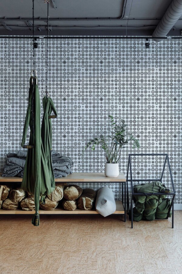 Fancy Walls self-adhesive wallpaper featuring intricate monochrome mandala design