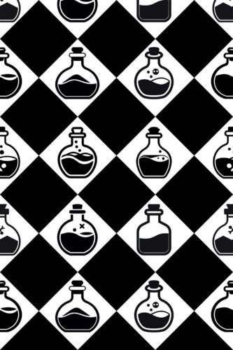 Fancy Walls traditional wallpaper featuring monochrome witchcraft potions on harlequin.