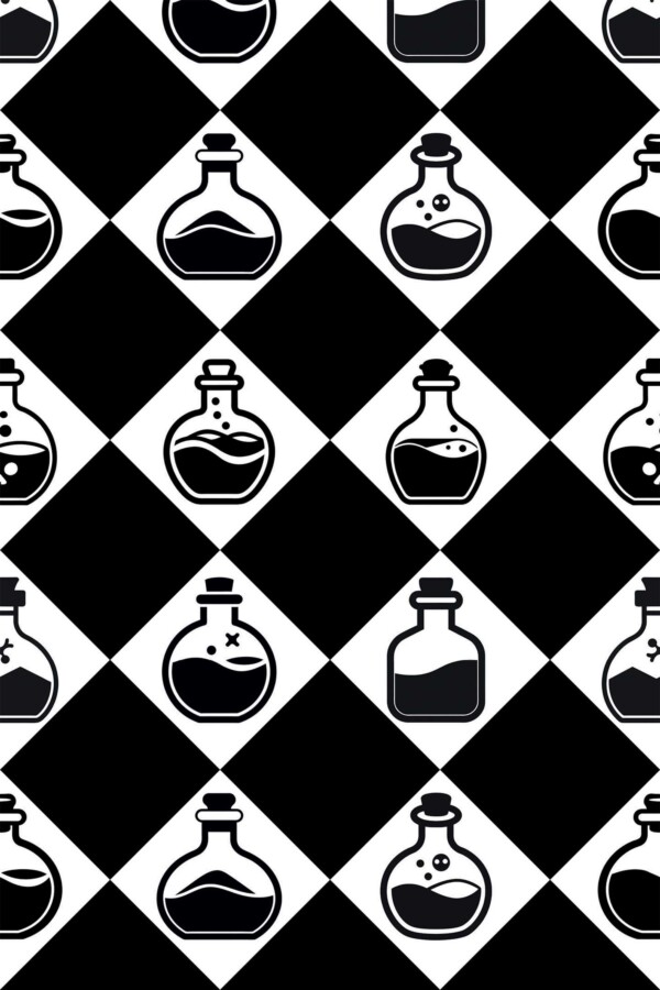 Fancy Walls traditional wallpaper featuring monochrome witchcraft potions on harlequin.
