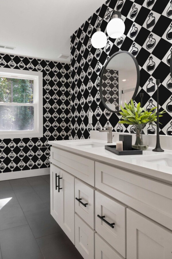 Fancy Walls removable wallpaper with monochrome potions on geometric harlequin layout.