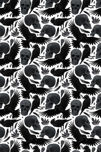 Fancy Walls self-adhesive wallpaper featuring gothic skulls and crows in bold style.