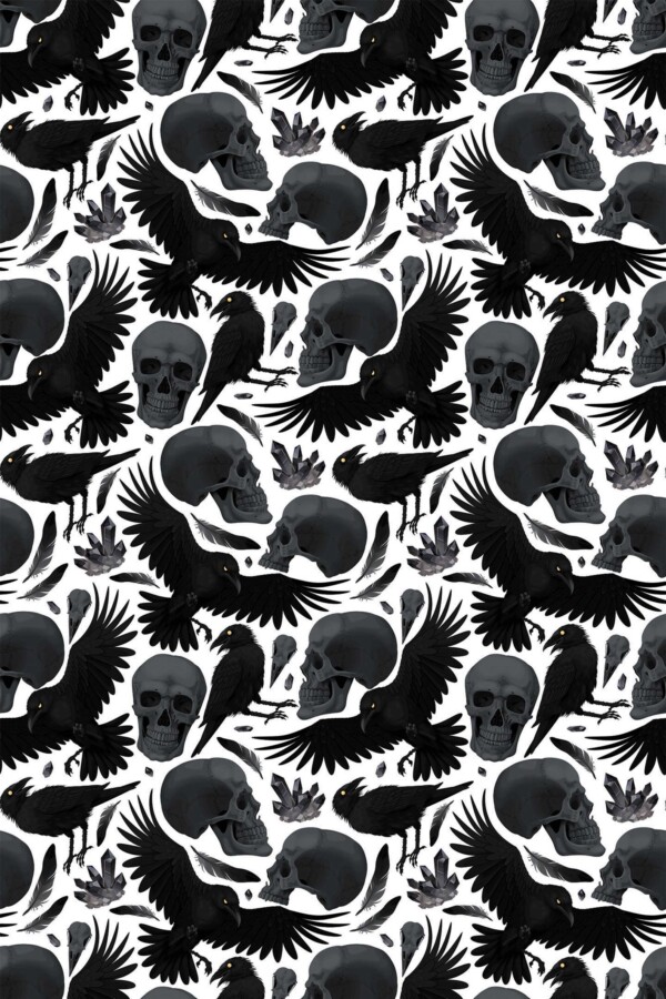 Fancy Walls self-adhesive wallpaper featuring gothic skulls and crows in bold style.